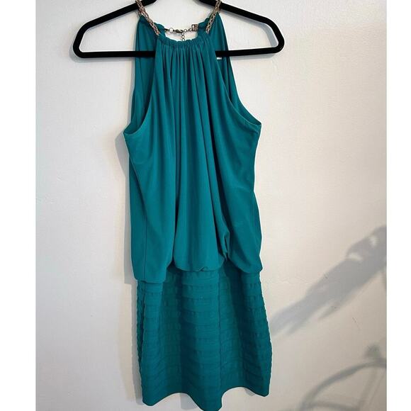 Vintage Cache Women's Green Blouson Gold Chain Halter Neck Mini Dress Size 10 - Picture 13 of 16